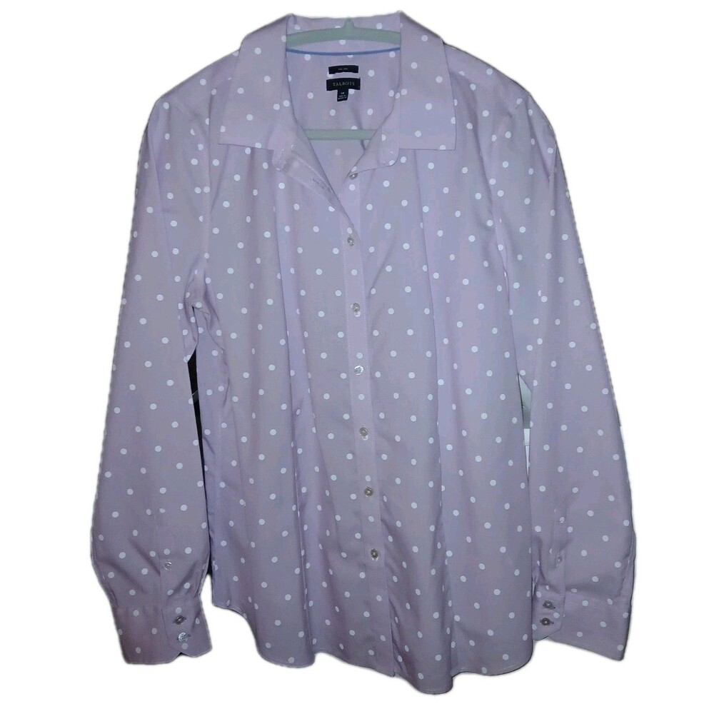 TALBOTS Womens 14 Non Iron Polka Dots Long Sleeve Button Cotton Top Purple White